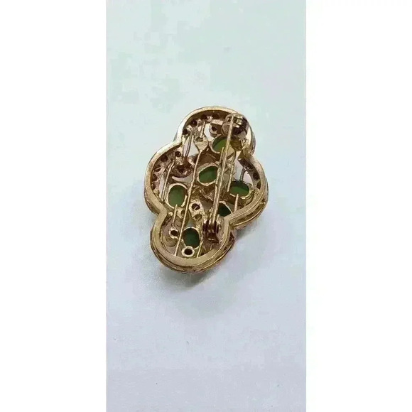 Vintage Brooch Jade 10k Gold Filled Rhinestone Accents art deco Flower Leaves - Picture 4 of 13